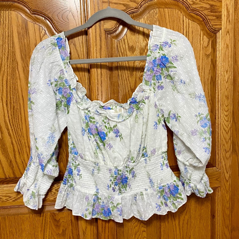 LoveShackFancy Fifi Blue Purple Floral Smocked Peplum Off Shoulder Top Women S